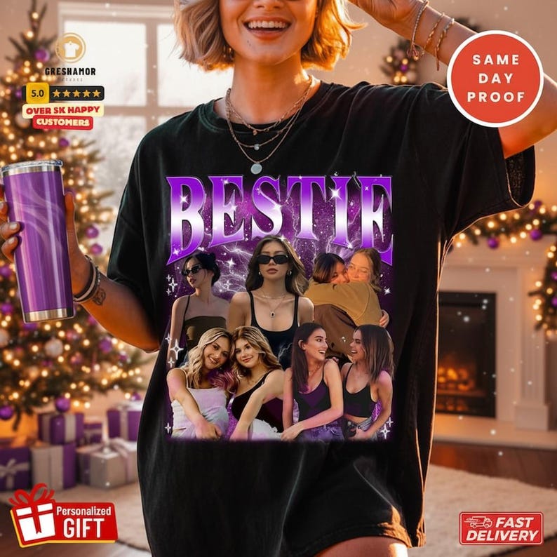 Custom Photo Best Friend Shirt, Vintage Bestie Bootleg Tee, BFF Gift image 1