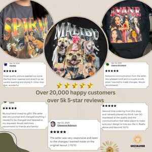 May include: Three t-shirts are shown. One grey t-shirt has the word "SPIRIT" in gold lettering and a horse graphic. A black t-shirt has "MALIBU" above dogs. Another black t-shirt has "VANK" and images of women.