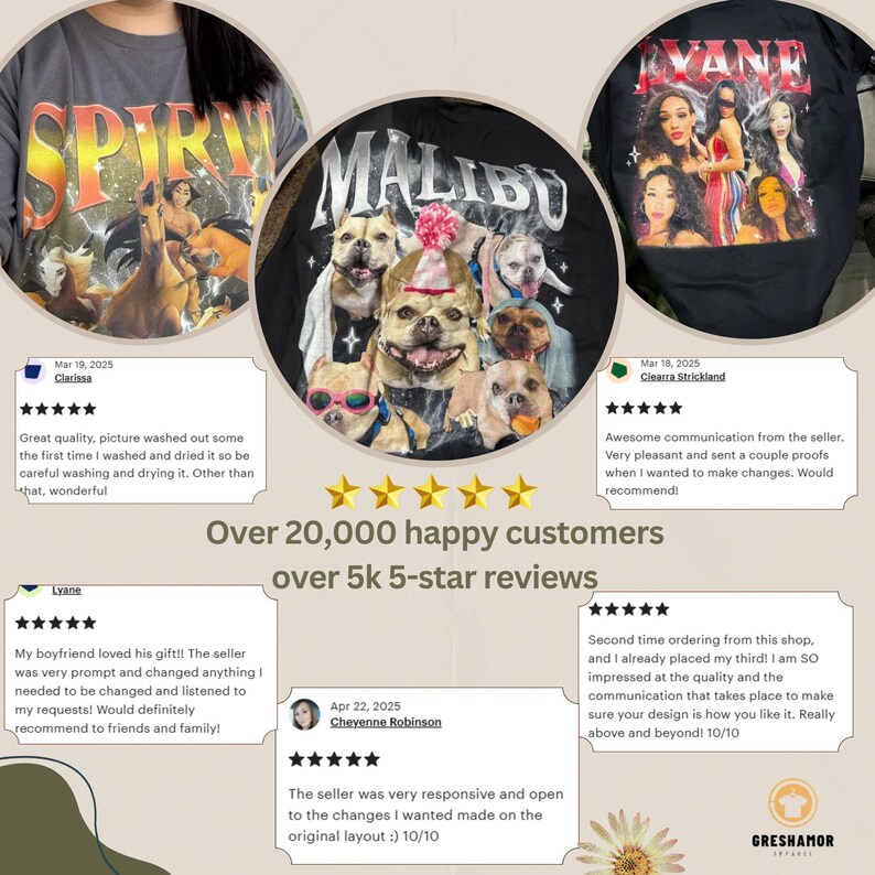 May include: Three t-shirts are shown. One grey t-shirt has the word "SPIRIT" in gold lettering and a horse graphic. A black t-shirt has "MALIBU" above dogs. Another black t-shirt has "VANK" and images of women.