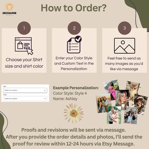 May include: An instructional graphic titled "How to Order?" details the process for ordering a custom shirt. It shows steps for selecting size and colour, entering style and text, and sending images. An example of personalization is included.
