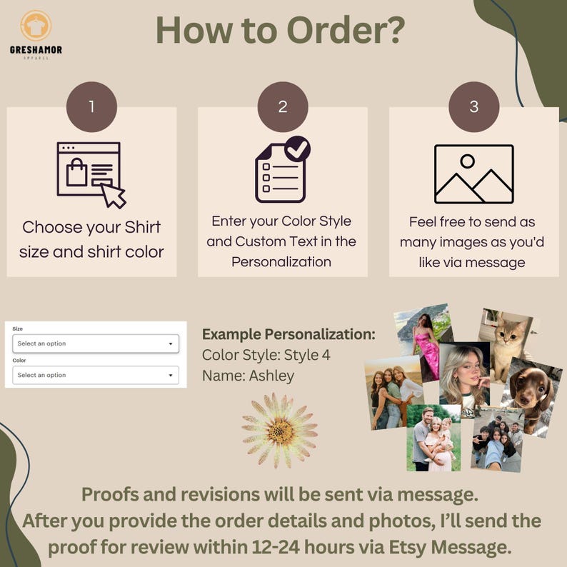 May include: An instructional graphic titled "How to Order?" details the process for ordering a custom shirt. It shows steps for selecting size and colour, entering style and text, and sending images. An example of personalization is included.
