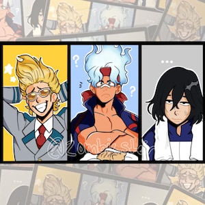 May include: Three cartoon characters with different hairstyles and expressions. The character on the left has blonde hair and is wearing a white and green suit with a red tie. The character in the middle has white hair with blue flames and is wearing a red and black shirt. The character on the right has black hair and is wearing a white and blue shirt with a white towel around their neck.