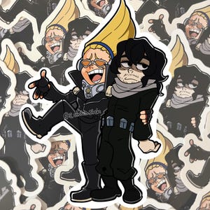 May include: A sticker featuring two anime characters, one with spiky blonde hair and the other with black hair. The blonde character is wearing a black jacket with a silver chest piece and is holding the other character's arm. The black-haired character is wearing a black jacket with a gray scarf and has a serious expression. The sticker is surrounded by other stickers of the same characters.
