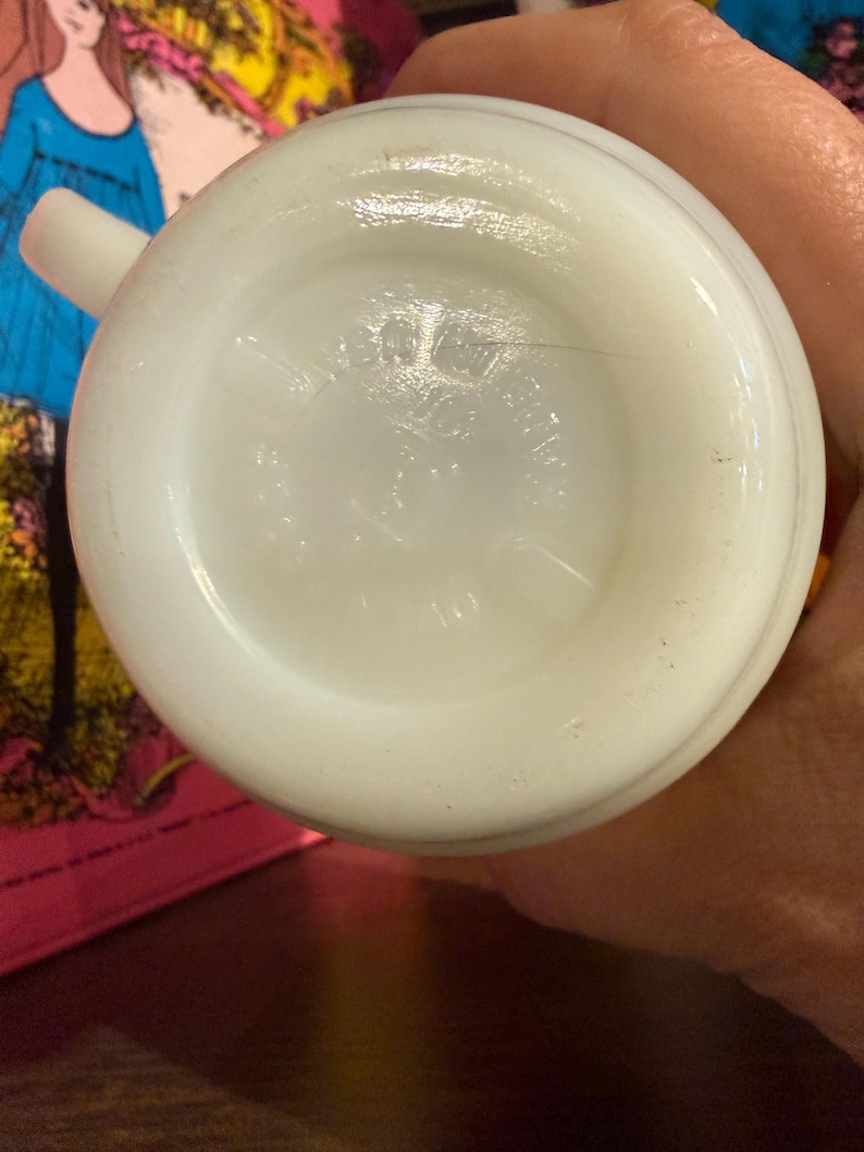 Pu&ograve; includere: Una tazza vintage bianca e opaca con manico. Il fondo della tazza presenta un'area leggermente incassata con testo in rilievo. La tazza &egrave; tenuta da una persona.