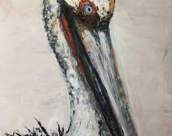 Bad feather day.....large brown pelican painting original print modern impressionism, images from Florida