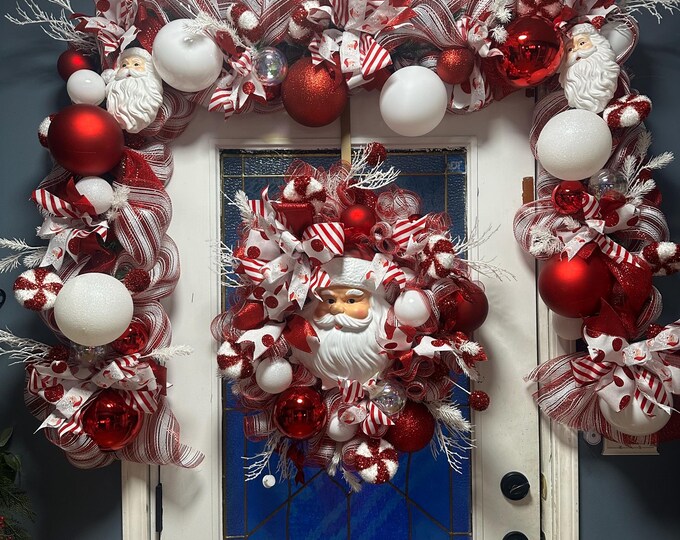 Christmas Red and White Peppermint Light up Santa Claus Wreath and ...
