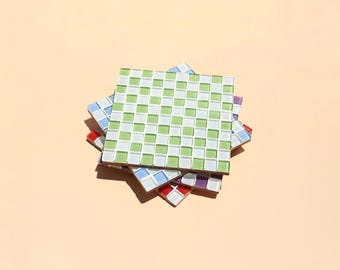 Checkered Square Glass Tile Coaster | Handmade Drink Coaster | Jewelry Displays | Housewarming Gift | Gift for Her | Gift for Him |