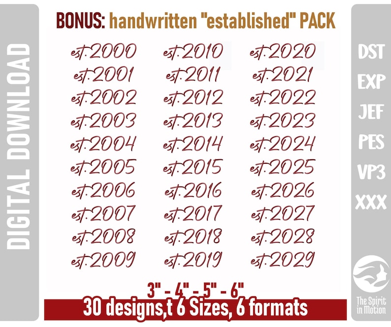 May include: Digital download graphic pack featuring handwritten "established" dates from 2000 to 2029. Includes 30 designs in 6 sizes (3", 4", 5", 6") and 6 formats. The text is in a dark red script font.