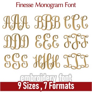 May include: A digital embroidery font set, featuring the "Finesse Monogram Font" in gold. The image displays nine sizes, ranging from 2.0" to 5.0", and seven formats. Text includes "embroidery font" and "9 Sizes, 7 Formats."