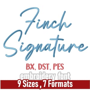 Puede incluir: Diseño de fuente de escritura azul claro que dice "Finch Signature" sobre un fondo blanco. La imagen incluye medidas de tamaño de 2,03 cm a 7,62 cm y enumera formatos de bordado. También está presente el texto "embroidery font" y "9 Sizes, 7 Formats".