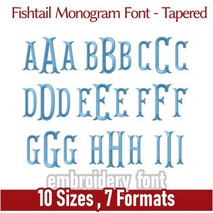 May include: A display of the Fishtail Monogram Font in a tapered design. The letters A through I are shown in a light blue colour, with sizes ranging from 3.8 cm to 10.2 cm. The image also includes the text "embroidery font" and "10 Sizes, 7 Formats".