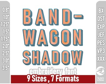 Czcionka do haftu Bandwagon Shadow | Dwukolorowe litery do haftu maszynowego | Czcionka do haftu konturowego | Wiele formatów, w tym PES, JEF, BX