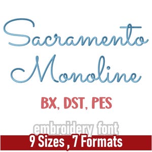 Broderitypsnitt i Sacramento-skript | Maskinbroderibokstäver i monoline-stil | Flera format inklusive PES, JEF, BX