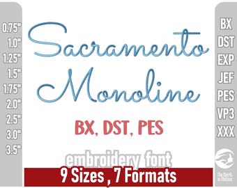 Czcionka do haftu Sacramento Script | Litery do haftu maszynowego | Wiele formatów, w tym PES, JEF, BX
