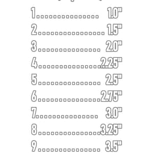 Pu&ograve; includere: Una tabella delle taglie intitolata Sizes (capital A): che elenca i numeri da 1 a 9 con le relative misure in pollici che vanno da 1.0" a 3.5". L'angolo in basso a destra presenta un logo con il testo The Spirit in Motion.