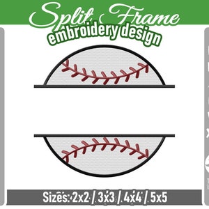 May include: A split frame embroidery design of a baseball with red stitching. The design is available in four sizes: 2x2, 3x3, 4x4, and 5x5 inches.