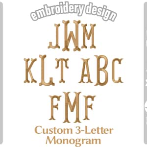 Może przedstawiać: Cyfrowe pobieranie niestandardowych monogramów 3-literowych w kolorze złotym. Obraz wyświetla kilka przykładów monogramów: JWM, KLT, ABC i FMF. Tekst "embroidery design" znajduje się na górze, a "Custom 3-Letter Monogram" na dole.