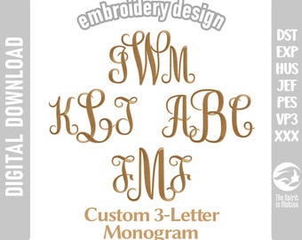 Custom 3-Letter Elegant Monogram Embroidery Design | Personalized Monogram | PES, JEF, DST | Wedding, Baby Shower, Birthday Gift Embroidery