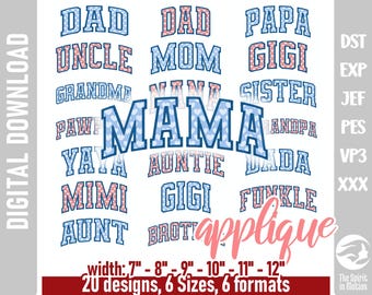 Curved Mama Applique Design | Family Members Embroidery Set | 20 Titles, 2 Border Widths, 6 Sizes, 6 Formats Including PES, DST, EXP