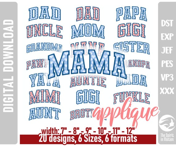 Curved Mama Applique Design | Family Members Embroidery Set | 20 Titles, 2 Border Widths, 6 Sizes, 6 Formats Including PES, DST, EXP