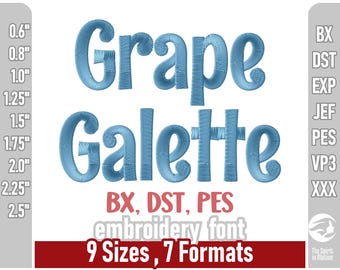 Zabawna czcionka do haftu Grape Galette | Fantazyjne i urocze litery do haftu maszynowego | Wiele formatów, w tym PES, JEF. BX