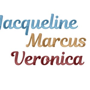 May include: Embroidered names "Jacqueline" in light blue, "Marcus" in tan, and "Veronica" in burgundy. The names are in a cursive script style, with a textured, stitched appearance. The background is white.