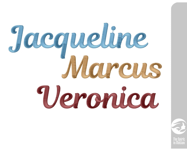 May include: Embroidered names "Jacqueline" in light blue, "Marcus" in tan, and "Veronica" in burgundy. The names are in a cursive script style, with a textured, stitched appearance. The background is white.
