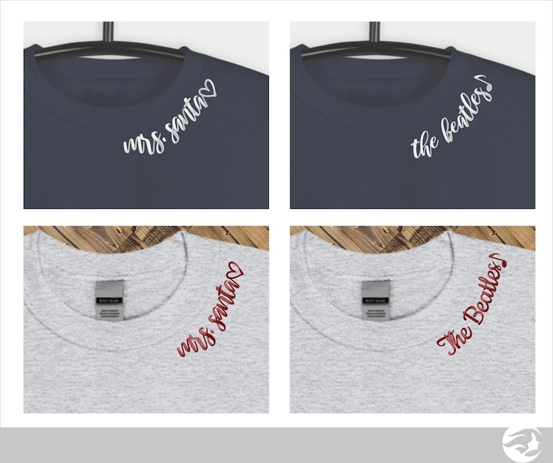 May include: Four t-shirts, two navy blue and two heather grey, with different text designs on the necklines. The designs are "mrs. santa" with a heart and "the beatles" with a musical note.