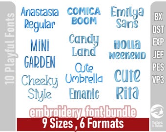 Whimsical Embroidery Font Bundle #1 | 10 Playful Hand-digitized Keyboard Fonts - Includes PES, BX, DST for Popular Embroidery Machines