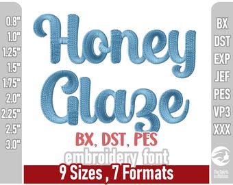May include: Light blue embroidered text reads "Honey Glaze." The image displays an embroidery font with 9 sizes and 7 formats, including BX, DST, and PES. The font sizes range from 2.0 cm to 7.6 cm in height.