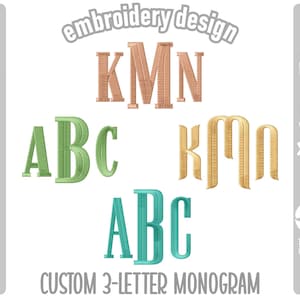 May include: An embroidery design digital download featuring a custom 3-letter monogram. The image displays the letters KMN in copper, ABC in light green, kmn in gold, and ABC in teal. Text includes embroidery design, digital download, and file formats.