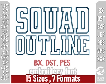 Squad Varsity Outline-borduurlettertype | Lettertype borduurontwerp College | Atletische letters | Meerdere formaten: PES, BX, DST