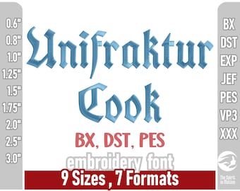 Czcionka do haftu Unifraktur Cook Blackletter | Litery do haftu maszynowego w stylu gotyckim | Wiele formatów, w tym PES, BX. DST