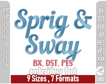 Czcionka do haftu Sprig And Sway Script | Wyraziste i zakrzywione litery do haftu maszynowego | Wiele formatów, w tym PES, JEF, BX