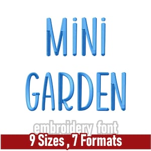 Fonte para bordado Mini Garden | Fonte para exibição divertida | Letras bordadas à máquina | Vários formatos, incluindo PES, BX e DST