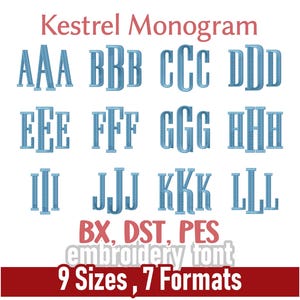 May include: Kestrel Monogram embroidery font featuring letters A through L in blue. The image displays 9 sizes from 2.0 inches to 4.0 inches and 7 file formats including BX, DST, EXP, JEF, PES, VP3, and XXX. The text Kestrel Monogram is at the top.