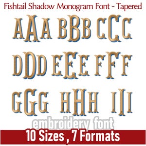 Puede incluir: Una exhibición de la fuente de monograma Fishtail Shadow en oro con sombra azul, mostrando las letras de la A a la I. La imagen incluye medidas de tamaño en pulgadas y el texto "fuente de bordado" y "10 tamaños, 7 formatos".