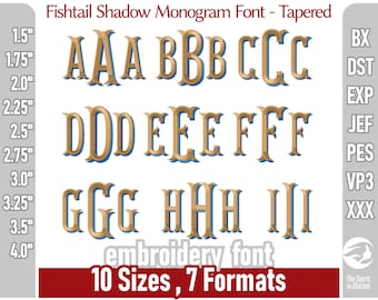 Shadow Fishtail Monogram Embroidery Font - Tapered | Three-Letter Tapered Serif Machine Embroidery Initials | Formats include PES, BX, DST