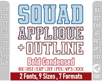 Squad Bold Condensed Varsity Outline and Applique Embroidery Font | Graduation Embroidery Font | PES, BX, DST