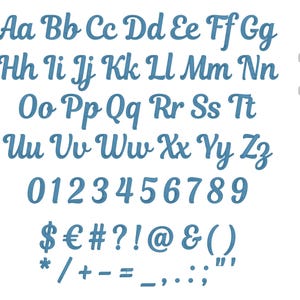 May include: A complete set of blue cursive letters, numbers, and symbols on a white background. The image includes uppercase and lowercase letters, numerals 0-9, and various punctuation marks and symbols. The word "glyphs" is in the upper right corner.