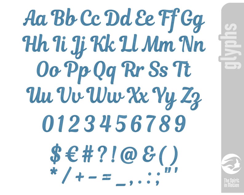 May include: A complete set of blue cursive letters, numbers, and symbols on a white background. The image includes uppercase and lowercase letters, numerals 0-9, and various punctuation marks and symbols. The word "glyphs" is in the upper right corner.