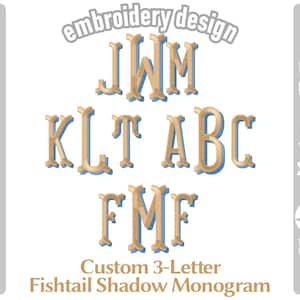 May include: Digital download of a custom 3-letter fishtail shadow monogram embroidery design. The design features several sets of letters in a gold colour with a blue shadow. The text "embroidery design" is at the top.