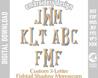 Niestandardowy haft monogramu cienia w kształcie ryby z trzema literami | Emblemat czcionki cienia | PES, JEF, DST | Haft na ślub, dla dziecka, prezent urodzinowy