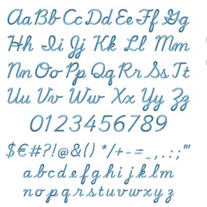May include: A full set of blue cursive glyphs, including upper and lower case letters, numbers, and symbols. The image shows the alphabet from A to Z, numerals 0-9, and various punctuation marks and symbols. The word "glyphs" is visible in the upper right corner.