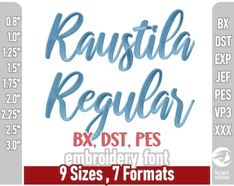 Fuente de bordado Raustila Script / Letras cursivas para bordado a máquina / PES, BX, DST