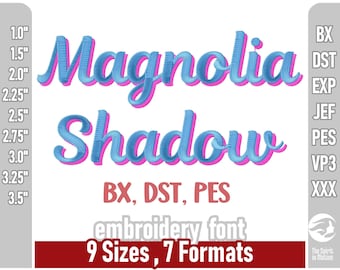 Czcionka do haftu Magnolia Shadow | Podwójne satynowe litery do haftu maszynowego | Wiele formatów, w tym PES, JEF. BX