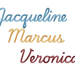 May include: Three names in a cursive script: "Jacqueline" in blue, "Marcus" in gold, and "Veronica" in burgundy. The names are displayed against a white background with a grey vertical rectangle on the right side. The words are in a handwritten style.