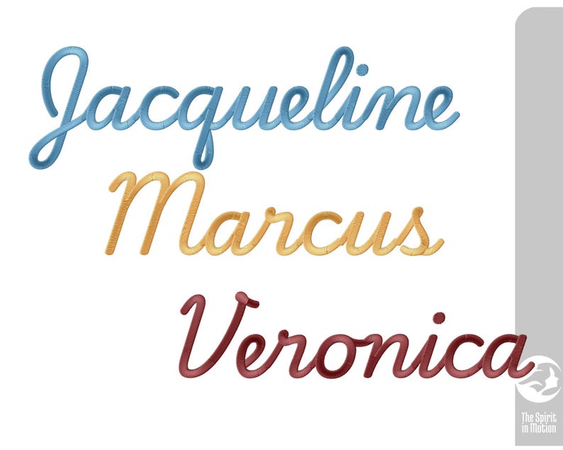 May include: Three names in a cursive script: "Jacqueline" in blue, "Marcus" in gold, and "Veronica" in burgundy. The names are displayed against a white background with a grey vertical rectangle on the right side. The words are in a handwritten style.