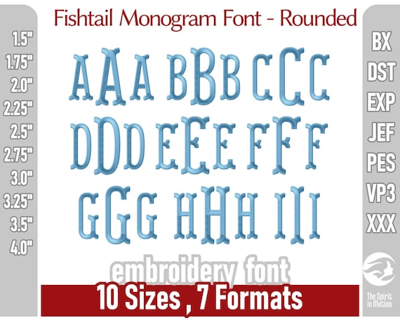 Three-letter Fishtail Monogram Embroidery Font | Rounded Serif