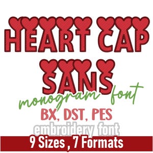Op de afbeelding: "HEART CAP SANS" monogram borduurlettertype in rood met hartvormige accenten. Inclusief 9 maten, 7 formaten en afmetingen van 3,8 cm tot 10,2 cm hoog. De tekst "borduurlettertype" en "monogram" zijn ook inbegrepen.